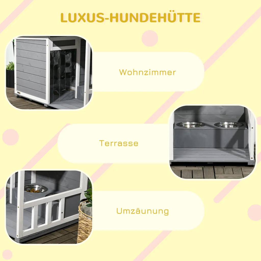 PawHut Hundehütte, Tannenholz, Hundehaus Mit 2 Schüsseln Und Terrasse, Kleintierhaus Für Kleine Hunde Mit Asphaltdach, Erhöhtes Design, Outdoor, Wetterbeständig, Grau, 103 X 62 X 60-66 Cm 7 PawHut Hundehütte, Tannenholz, Hundehaus Mit 2 Schüsseln Und Terrasse, Kleintierhaus Für Kleine Hunde Mit Asphaltdach, Erhöhtes Design, Outdoor, Wetterbeständig, Grau, 103 X 62 X 60-66 Cm – Bild 7