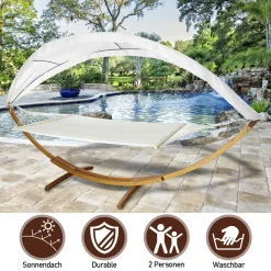 EINFEBEN Haengematte Mit Gestell Und Sonnendach, Hammock Aus Wetterfestem Laerchenholz, Bis 200kg, Stabhaengematte Fuer 2 Personen Outdoor Und Indoor