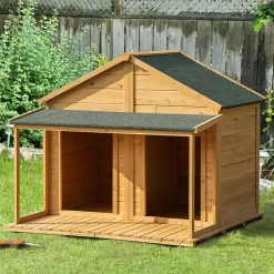 Pawhut Hundehütte Aus Massivholz Isoliertes Hundehaus Mit 2 Räume Asphaltdach Outdoor Hütte Mit Terrasse Gelb+Grün 127 X 110 X 109 Cm