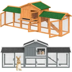LOVPET® Kaninchenstall Hasenstall XXL Kleintiergehege Premium - Große Für Bis 4 Hasen Doppelstockhaus - 2 Ebenen - Hasenkäfig Meerschweinchen Freilauf Garten - Winterfest Holz 220x50x86 Cm, Farbe:Braun
