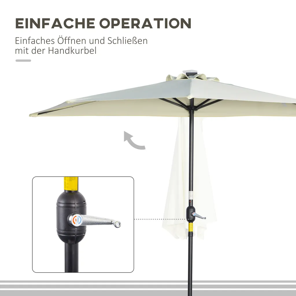 Outsunny Sonnenschirm, 270 X 240 Cm Halbshirm, Balkonschirm Mit LED, Halbrunder Terrassenschirm Mit Handkurbe, Solarpaneel, Für Garten, Metall, Beige 6 Outsunny Sonnenschirm, 270 X 240 Cm Halbshirm, Balkonschirm Mit LED, Halbrunder Terrassenschirm Mit Handkurbe, Solarpaneel, Für Garten, Metall, Beige – Bild 6