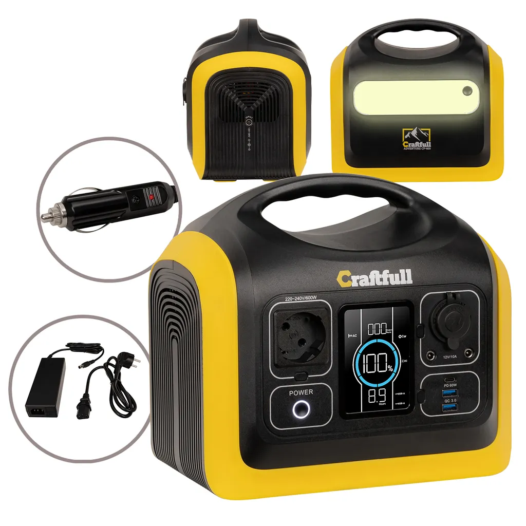 Craftfull Powerstation Adventure CP-600 Schwarz/Gelb, 595 Wh, 600 Watt, Tragbar, Lithium-Akku, Steckdose, USB 1 Craftfull Powerstation Adventure CP-600 Schwarz/Gelb, 595 Wh, 600 Watt, Tragbar, Lithium-Akku, Steckdose, USB