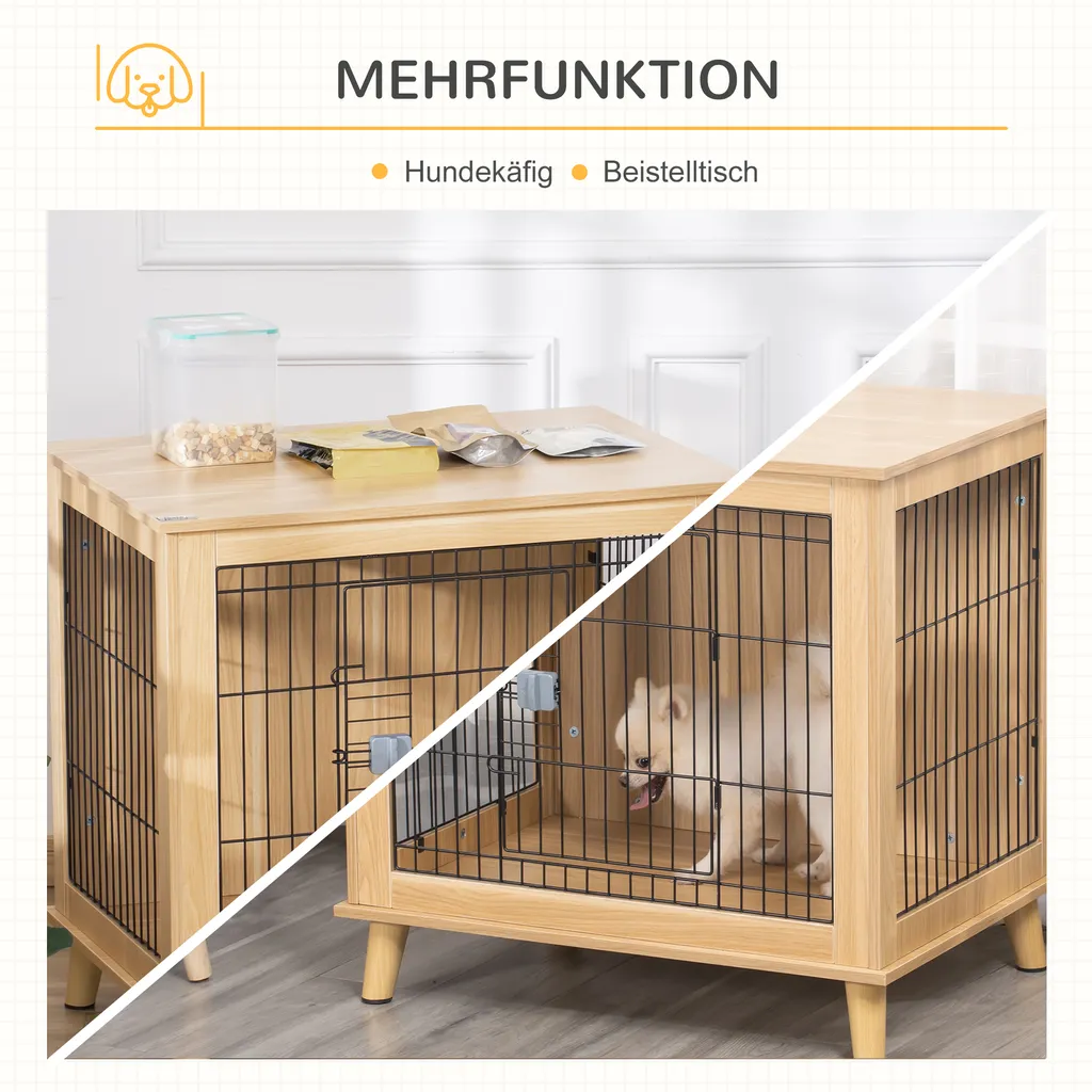 PawHut Hundekäfig Aus Holz Transportbox Mit Tischoberfläche Erhöhtes Design Hundebox Transportkäfig Innen Zuhause Tierkäfig Haustier Natur 81 X 58,5 X 76 Cm 4 PawHut Hundekäfig Aus Holz Transportbox Mit Tischoberfläche Erhöhtes Design Hundebox Transportkäfig Innen Zuhause Tierkäfig Haustier Natur 81 X 58,5 X 76 Cm – Bild 4