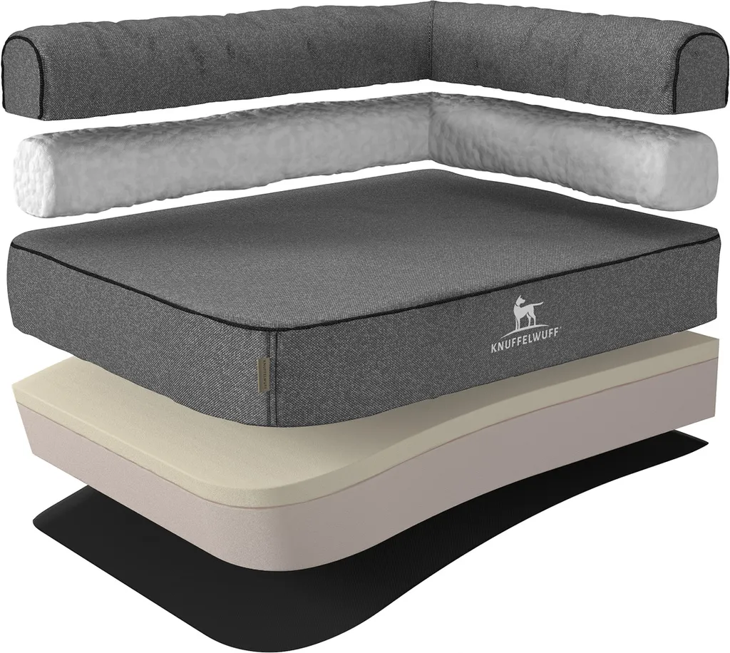 Knuffelwuff Orthopädisches Eck Hundebett Marlie Aus Velours Mit Handwebcharakter XXL 120 X 80cm Lehne Rechts Grau 1 Knuffelwuff Orthopädisches Eck Hundebett Marlie Aus Velours Mit Handwebcharakter XXL 120 X 80cm Lehne Rechts Grau