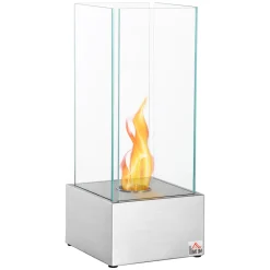HOMCOM Ethanol-Kamin FeuerschaleEthanol-Brenner 0,4L 2 Std. Brenndauer 15m² Mit Feuerlöschdeckel Edelstahl Hartglas Silber 25 X 25 X 60 Cm