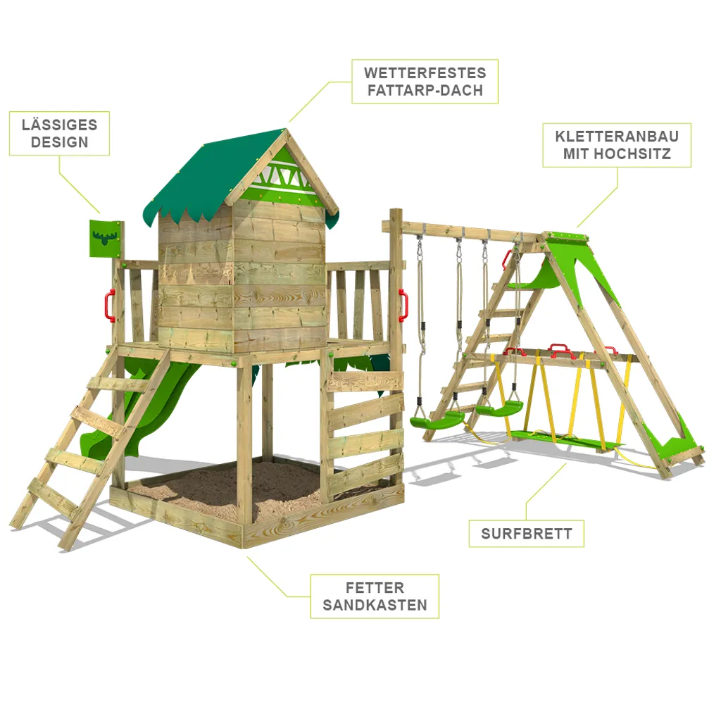 Wickey FATMOOSE Spielturm Klettergerüst JazzyJungle Mit Schaukel SurfSwing & Rutsche, Spielhaus Mit Sandkasten, Leiter & Spiel-Zubehör - Apfelgrün 2 Wickey FATMOOSE Spielturm Klettergerüst JazzyJungle Mit Schaukel SurfSwing & Rutsche, Spielhaus Mit Sandkasten, Leiter & Spiel-Zubehör - Apfelgrün – Bild 2