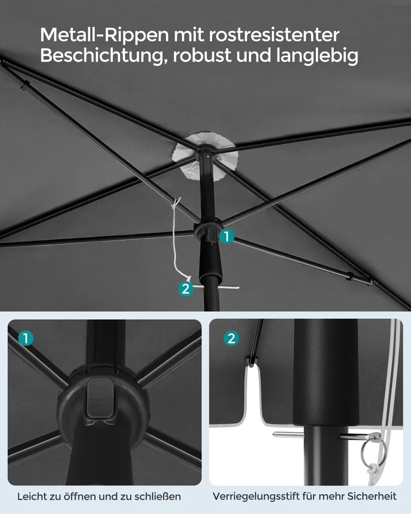 SONGMICS Sonnenschirm 200 X 125 Cm, UPF 50+, Sonnenschutz, Beidseitig Um 30° Knickbar, Höhenverstellbar, Mit Aufbewahrungstasche, Grau GPU25GY 6 SONGMICS Sonnenschirm 200 X 125 Cm, UPF 50+, Sonnenschutz, Beidseitig Um 30° Knickbar, Höhenverstellbar, Mit Aufbewahrungstasche, Grau GPU25GY – Bild 6