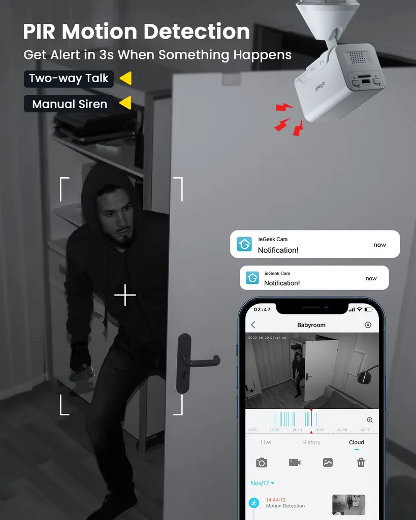 IeGeek Überwachungskamera Wlan 1080P Mini Kamera Mit Mit HD Nachtsicht, 2-Wege-Audio, Smarte Bewegungs Und Geräuscherkennung, Mobile App Steuerung, Innen Camera Wifi Für Haussicherheit 7 IeGeek Überwachungskamera Wlan 1080P Mini Kamera Mit Mit HD Nachtsicht, 2-Wege-Audio, Smarte Bewegungs Und Geräuscherkennung, Mobile App Steuerung, Innen Camera Wifi Für Haussicherheit – Bild 7