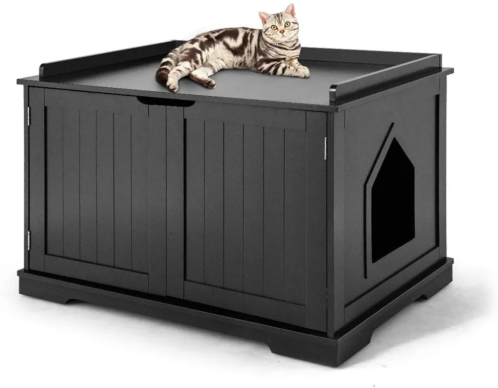 COSTWAY Katzenhaus Katzenhöhle mit Bett, Geschlossene Katzentoilette Mit Eingang, Haustierbox Haustierkiste Aus Holzstruktur, Großes Katzenklo Katzenschrank Für Katzen Hunde Haustier (Schwarz) 1 COSTWAY Katzenhaus Katzenhöhle mit Bett, Geschlossene Katzentoilette Mit Eingang, Haustierbox Haustierkiste Aus Holzstruktur, Großes Katzenklo Katzenschrank Für Katzen Hunde Haustier (Schwarz)