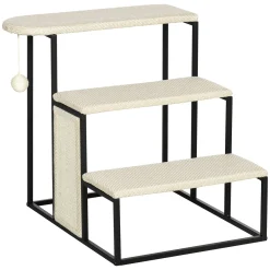 PawHut Haustiertreppe 3-stufige Katzentreppe Hundetreppe Mit Kratzbrett Und Spielball Einstieghilfe Praktische & Leichte Tiertreppe Stahl Sisal Cremeweiß+Schwarz 51 X 54 X 53cm