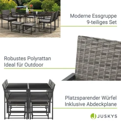 Juskys Polyrattan Sitzgruppe Bahamas L - Tisch, 4 Stühle, 4 Hocker & Kissen - Inkl. Plane - Essgruppe Für 8 Personen - Industrial Gartenmöbel Set Grau -Garten- & Gewächshäuser Geschäft 28f6baecaca2ab1cdd78b962a949d1c3