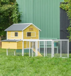 Dehner Hühnerstall Happy Farm Miami, Mit Freigehege, 158.5 X 337 X 145.8 Cm, Holz/Filz, Gelb/weiß -Garten- & Gewächshäuser Geschäft 2944d5142baa5e74eb72700ccbc841f2