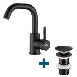 Auralum Badarmatur 360° Drehbar Waschtischarmatur Mit Ablaufgarnitur, Wasserhahn Bad Mit Pop Up, Schwarz