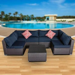 Mucola Gartenmöbel Sitzgruppe Sofa Braun Blau Sitzkissen Lounge Polyrattan Rattanmöbel Möbel Sitzgarnitur Set Couch Gartenset Essgruppe Gartengarnitur XXL Marineblau