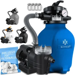KESSER® Sandfilteranlage Sandfilter + 700g Filterbälle Ersetzen 25kg Filtersand 7-Wege Ventil Mit Druckanzeige Poolfilter 10 M³/h Filteranlage Filterkessel Für Pool Schwimmbecken 10.200 L/h, Farbe:Weiß / Neon Orange