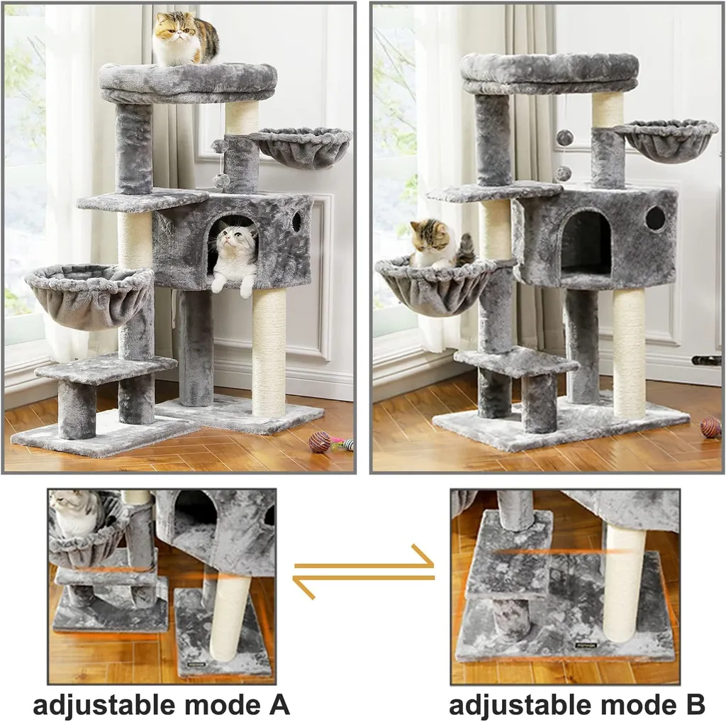 Pecute Kratzbaum Mit Extra Dicke Stämme, Katzenbaum 120cm Mit Große Aussichtsplattform, Verstellbar Grundplatte, Liegemulde (Hellgrau+Weiß Sisalstämme) 4 Pecute Kratzbaum Mit Extra Dicke Stämme, Katzenbaum 120cm Mit Große Aussichtsplattform, Verstellbar Grundplatte, Liegemulde (Hellgrau+Weiß Sisalstämme) – Bild 4