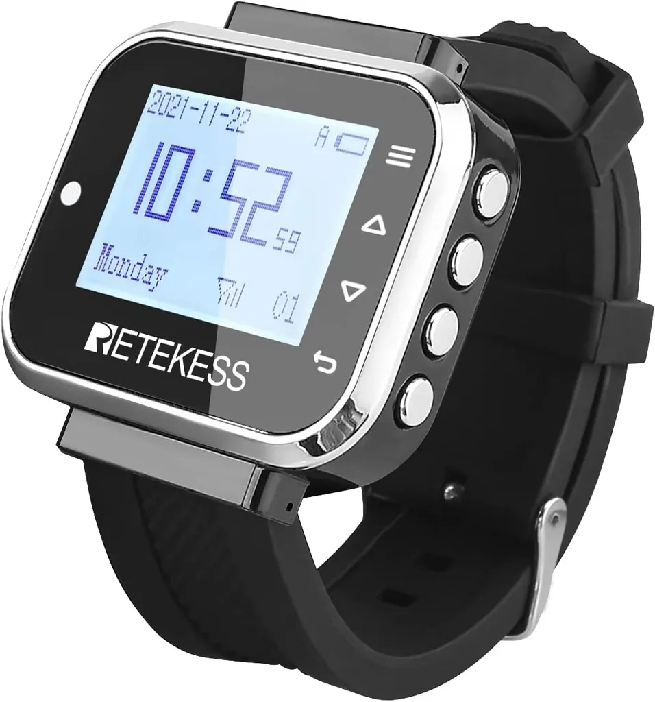 Retekess TD110 Restaurant Pagers, Uhrenempfänger, 8 Sprachen, 300 MAh Eingebauter Akku, 72 Stunden Standby-Zeit, Für Restaurant, Bar 1 Retekess TD110 Restaurant Pagers, Uhrenempfänger, 8 Sprachen, 300 MAh Eingebauter Akku, 72 Stunden Standby-Zeit, Für Restaurant, Bar