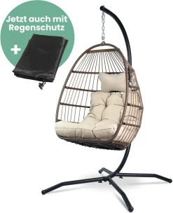 VITA5 Hängesessel Mit Gestell - Bequemer Hängekorb Sessel Zum Entspannen - Einzigartiger Hängesessel Indoor Und Outdoor - Boho Egg Schaukel Für Terrasse, Kinderzimmer, Leseecke - 150kg Tragkraft, Beige