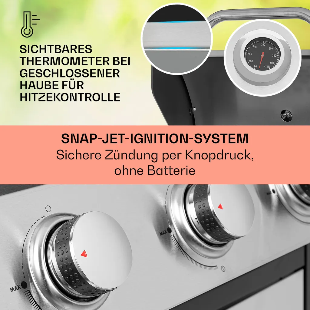 Klarstein Gasgrill Mit Großer Grillfläche, Gasgrill Mit 3 Brenner, 10,8 KW Edelstahl-Gasgrill, BBQ Gasgrill Für Balkon & Garten, Grill Für Propangas, Gasgrills Mit Seitentischen & Thermometer 4 Klarstein Gasgrill Mit Großer Grillfläche, Gasgrill Mit 3 Brenner, 10,8 KW Edelstahl-Gasgrill, BBQ Gasgrill Für Balkon & Garten, Grill Für Propangas, Gasgrills Mit Seitentischen & Thermometer – Bild 4