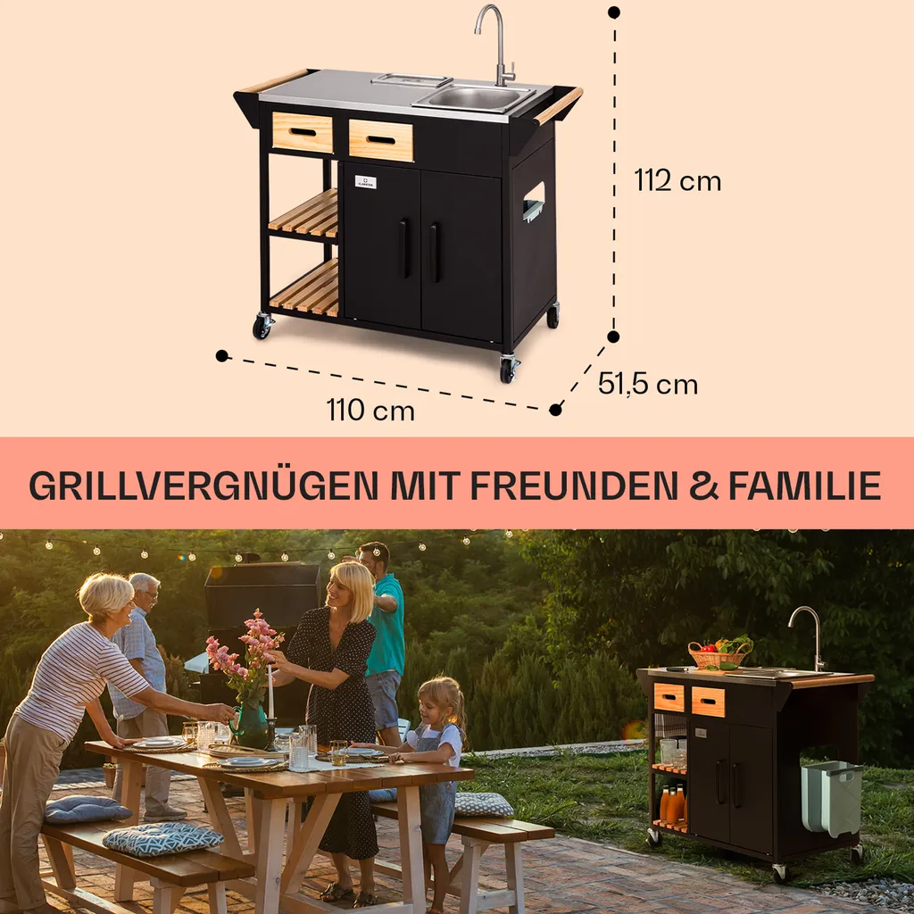 Klarstein Küchenwagen Mit Arbeitsplatte, Outdoor-Küchenwagen Auf Rollen, Mobiler Servierwagen, Küchenwagen Mit Holz Schubladen, Kücheninsel Freistehend Mit Edelstahl-Spülbecken Und Abfalleimer 6 Klarstein Küchenwagen Mit Arbeitsplatte, Outdoor-Küchenwagen Auf Rollen, Mobiler Servierwagen, Küchenwagen Mit Holz Schubladen, Kücheninsel Freistehend Mit Edelstahl-Spülbecken Und Abfalleimer – Bild 6