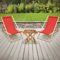 ECD Germany 2er Set Liegestuhl Mit Klapptisch, Rot, Aus Kiefernholz, Klappbar, Wetterfest, Verstellbar, Bleastbar Bis 120kg, Sonnenliege Gartenliege Gartentisch Beistelltisch Holztisch