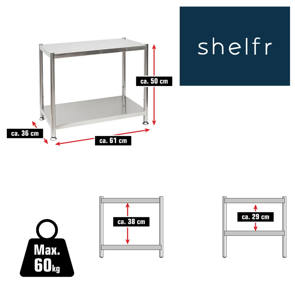 Shelfr 2 Ebenen Edelstahl Regal - 61x36x50 Schwerlastregal Bis 60kg - Metallregal Küche 5 Shelfr 2 Ebenen Edelstahl Regal - 61x36x50 Schwerlastregal Bis 60kg - Metallregal Küche – Bild 5