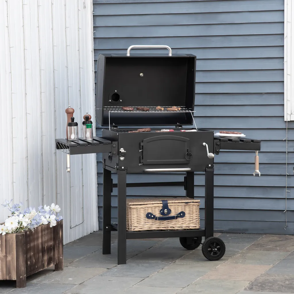 HOMCOM Outsunny Holzkohlegrill BBQ Gartengrill Mit Deckel Und Ablagen Metall Smoker BBQ Warmhalteplatte Regale Gartenparty Transportrollen Schwarz 124 X 66 X 112 Cm 2 HOMCOM Outsunny Holzkohlegrill BBQ Gartengrill Mit Deckel Und Ablagen Metall Smoker BBQ Warmhalteplatte Regale Gartenparty Transportrollen Schwarz 124 X 66 X 112 Cm – Bild 2