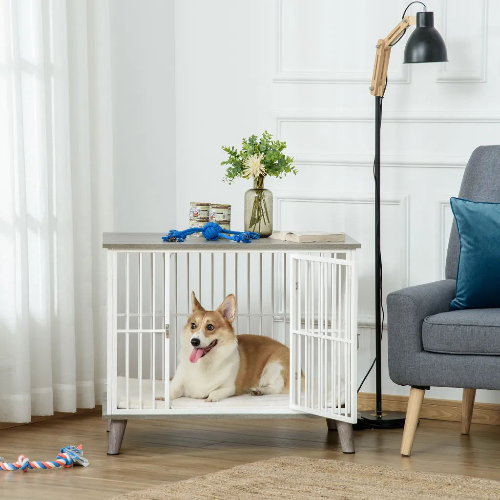 PawHut Hundekäfig Aus Holz Mit Kissen Tischoberfläche Erhöhtes Design Hundebox Für Mittelgroße Hunde Innen Zuhause Tierkäfig Haustier Weiß+Grau 86 X 60 X 70 Cm 2 PawHut Hundekäfig Aus Holz Mit Kissen Tischoberfläche Erhöhtes Design Hundebox Für Mittelgroße Hunde Innen Zuhause Tierkäfig Haustier Weiß+Grau 86 X 60 X 70 Cm – Bild 2