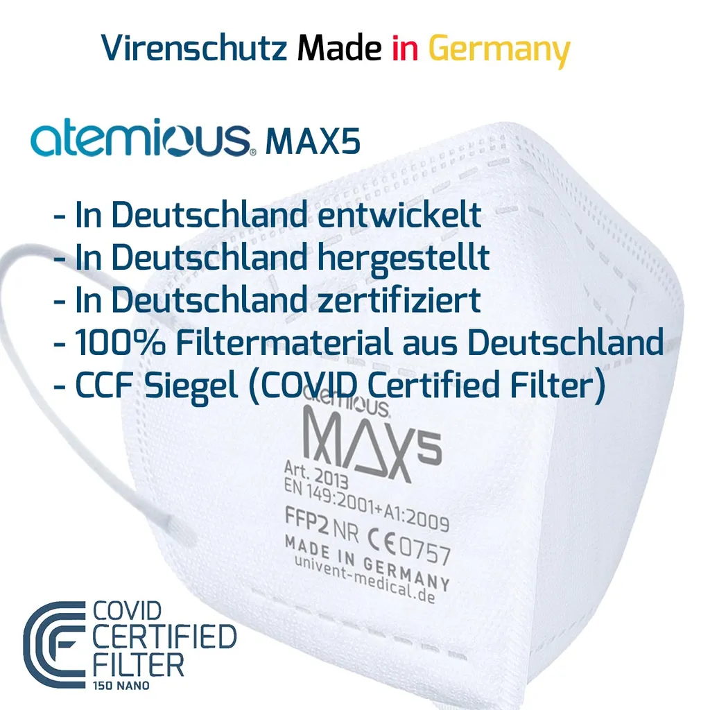 Univent Medical GmbH Atemious MAX5 Komfort Vlies FFP2 Atemschutzmaske Germany Mit Ift Rosenheim Zertifikat Lose Oder Einzeln Verpackt, Menge:30 Stck., Verpackung:lose Im Beutel 2 Univent Medical GmbH Atemious MAX5 Komfort Vlies FFP2 Atemschutzmaske Germany Mit Ift Rosenheim Zertifikat Lose Oder Einzeln Verpackt, Menge:30 Stck., Verpackung:lose Im Beutel – Bild 2