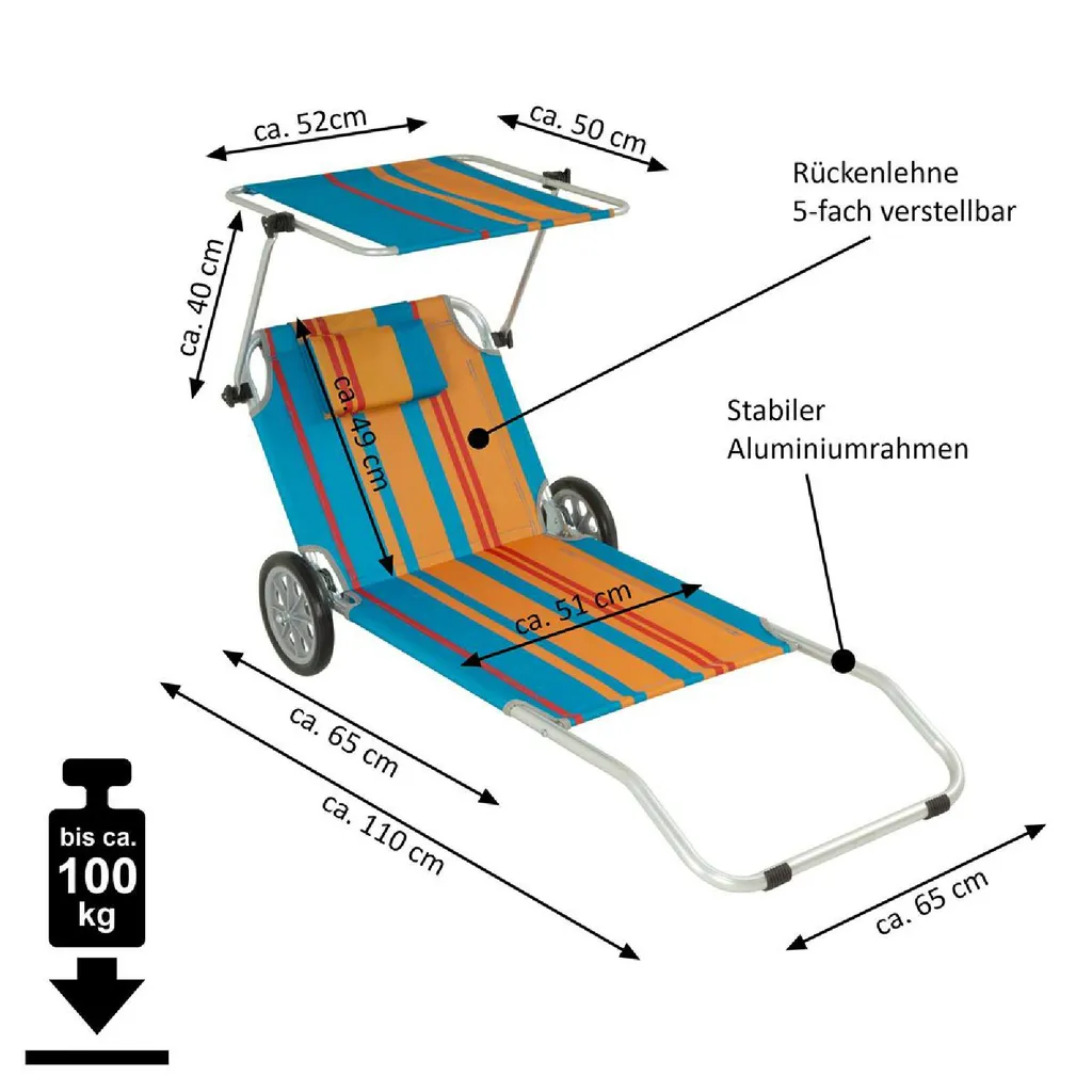 VCM Strandliege Sonnenliege Transportliege Gartenliege Mit Räder Und Sonnendach Bunt 5 VCM Strandliege Sonnenliege Transportliege Gartenliege Mit Räder Und Sonnendach Bunt – Bild 5