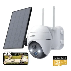 IeGeek 2K Solar Überwachungskamera Aussen Mit 32G SD-Karte, 355°/120° PTZ Wlan Kamera Outdoor Mit Farbnachtsicht, Personen/Autoerkennung, PIR Bewegungsmelder, 2-Wege-Audio, Arbeit Mit Alexa