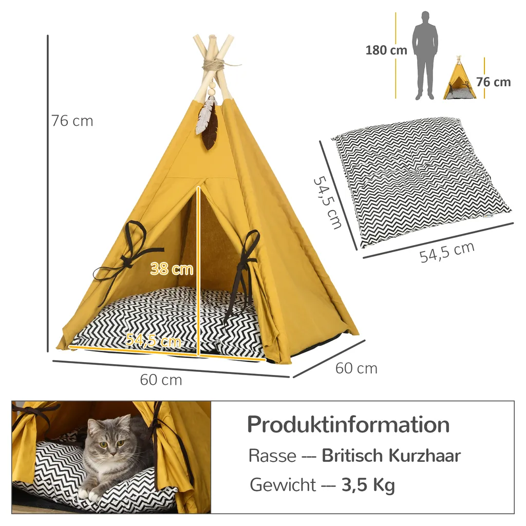 PawHut Tipi-Zelt Für Haustiere, Tierbett Im Tipi-Design, Katzenzelt Mit Kissen, Katzenhaus Mit Rutschfestem Boden Spielball, Hundebett Zum Schlafen, Katzenbett, Kiefernholz, Indoor, Gelb 3 PawHut Tipi-Zelt Für Haustiere, Tierbett Im Tipi-Design, Katzenzelt Mit Kissen, Katzenhaus Mit Rutschfestem Boden Spielball, Hundebett Zum Schlafen, Katzenbett, Kiefernholz, Indoor, Gelb – Bild 3