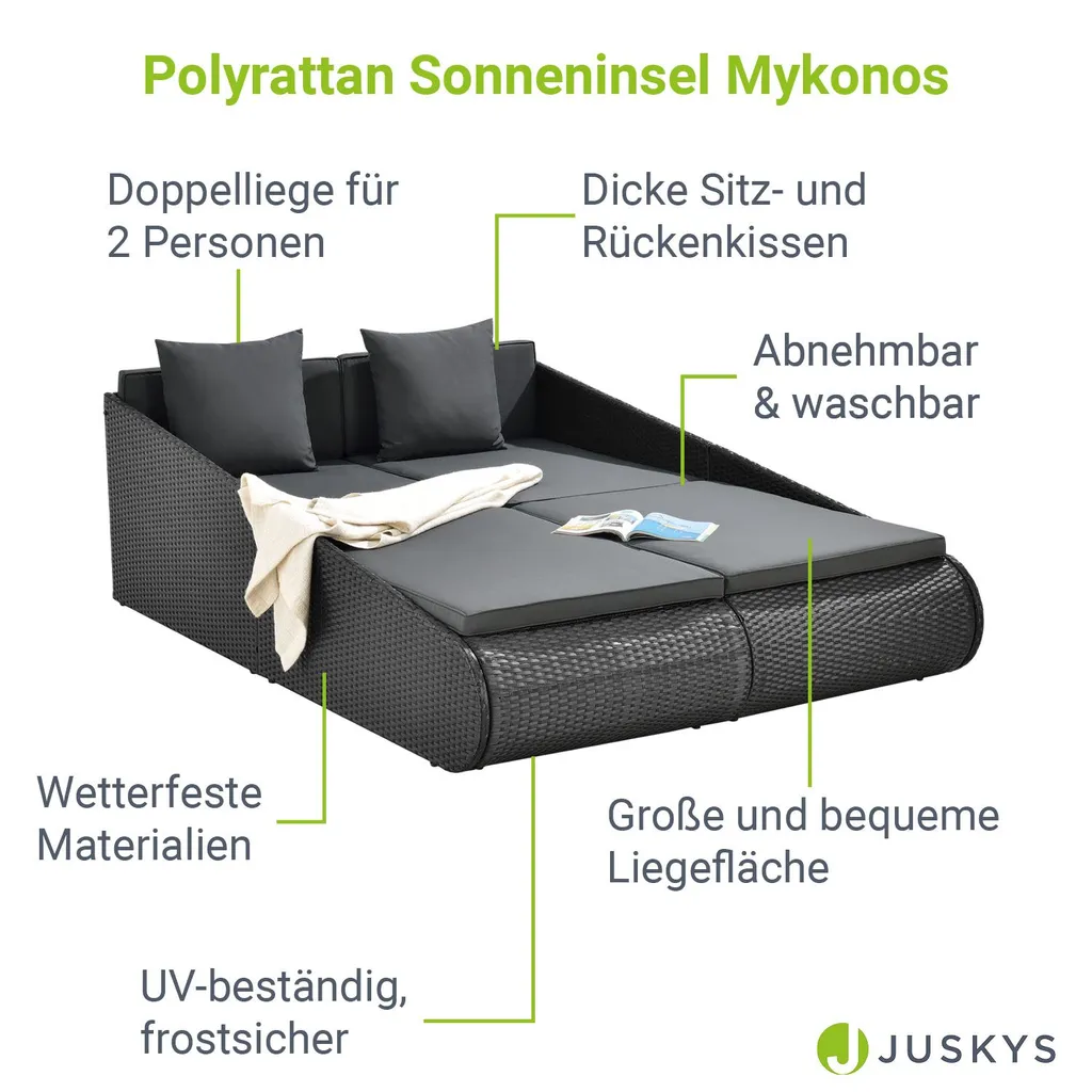 Juskys Polyrattan Sonnenliege Mykonos – XXL Outdoor Doppelliege Mit Polster Kissen In Grau Waschbar – Für Garten & Balkon – Gartenliege Sonneninsel 3 Juskys Polyrattan Sonnenliege Mykonos – XXL Outdoor Doppelliege Mit Polster Kissen In Grau Waschbar – Für Garten & Balkon – Gartenliege Sonneninsel – Bild 3