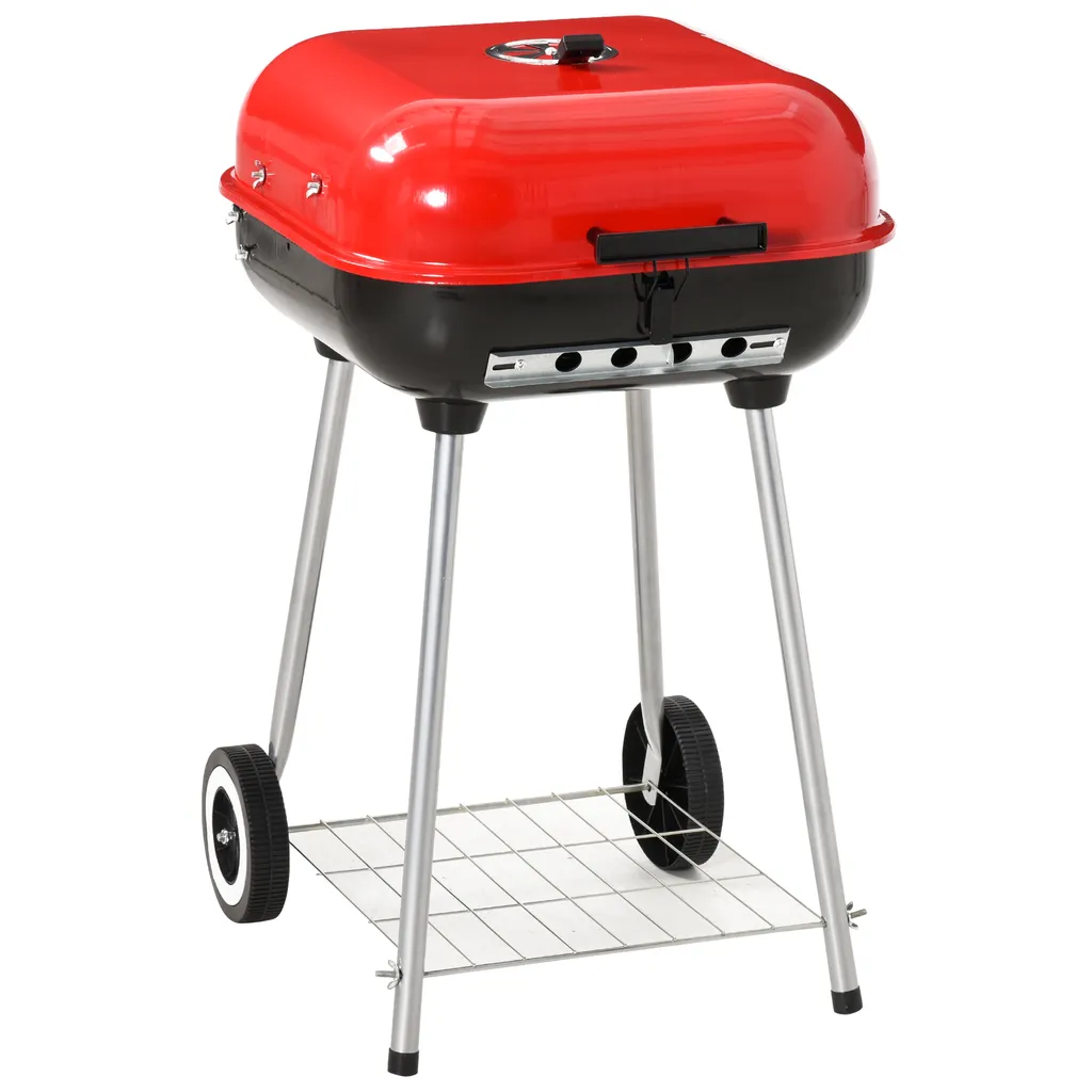 Outsunny Holzkohlegrill Grillwagen Kugelgrill Auf Rollen Ablage Mit Deckel BBQ Metall Rot 46 X 52,5 X 76cm 1 Outsunny Holzkohlegrill Grillwagen Kugelgrill Auf Rollen Ablage Mit Deckel BBQ Metall Rot 46 X 52,5 X 76cm