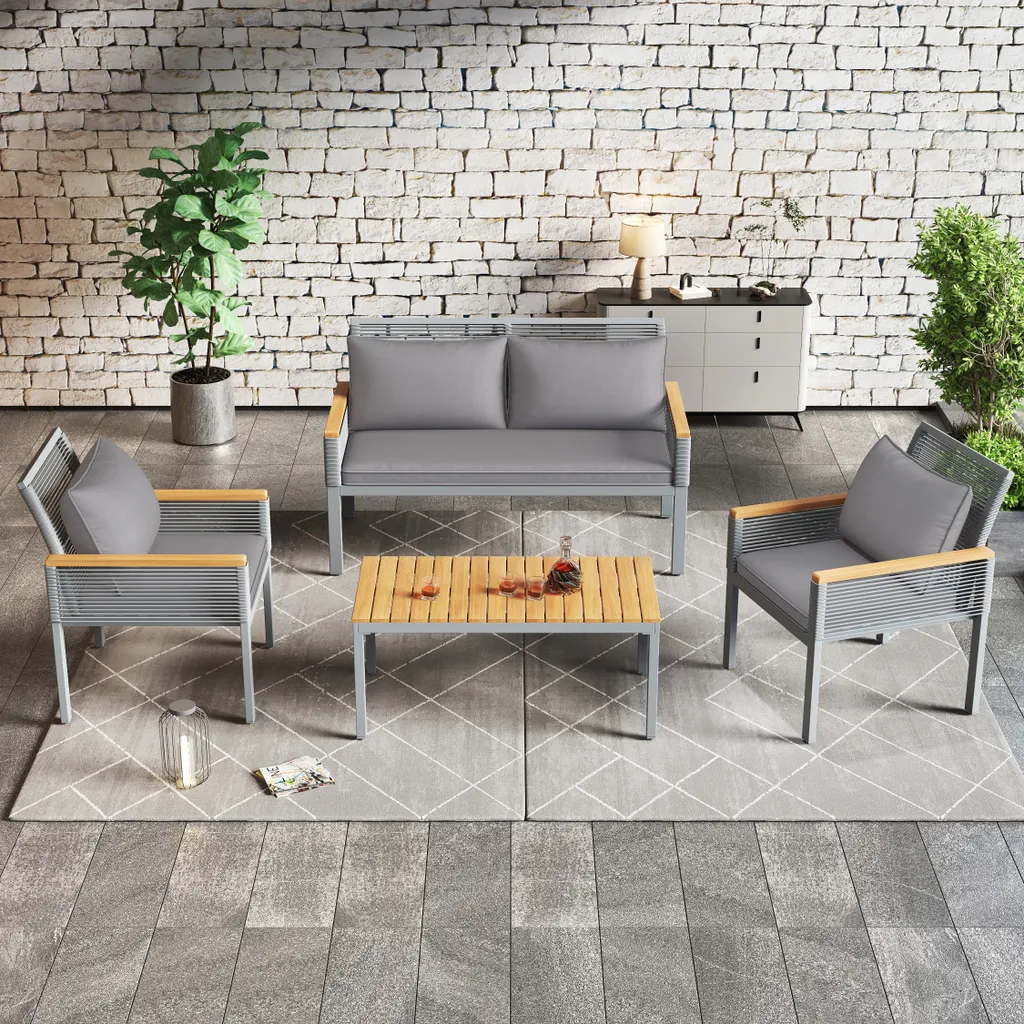 Merax 4-tlg. Garten-Lounge-Set Mit Stahlrahmen Und Couchtisch, Rope Gartenmöbel Set Aus Akazienholz Und Polyrattan, Gartenmöbel-Sets Für 4 Personen, Grau 2 Merax 4-tlg. Garten-Lounge-Set Mit Stahlrahmen Und Couchtisch, Rope Gartenmöbel Set Aus Akazienholz Und Polyrattan, Gartenmöbel-Sets Für 4 Personen, Grau – Bild 2