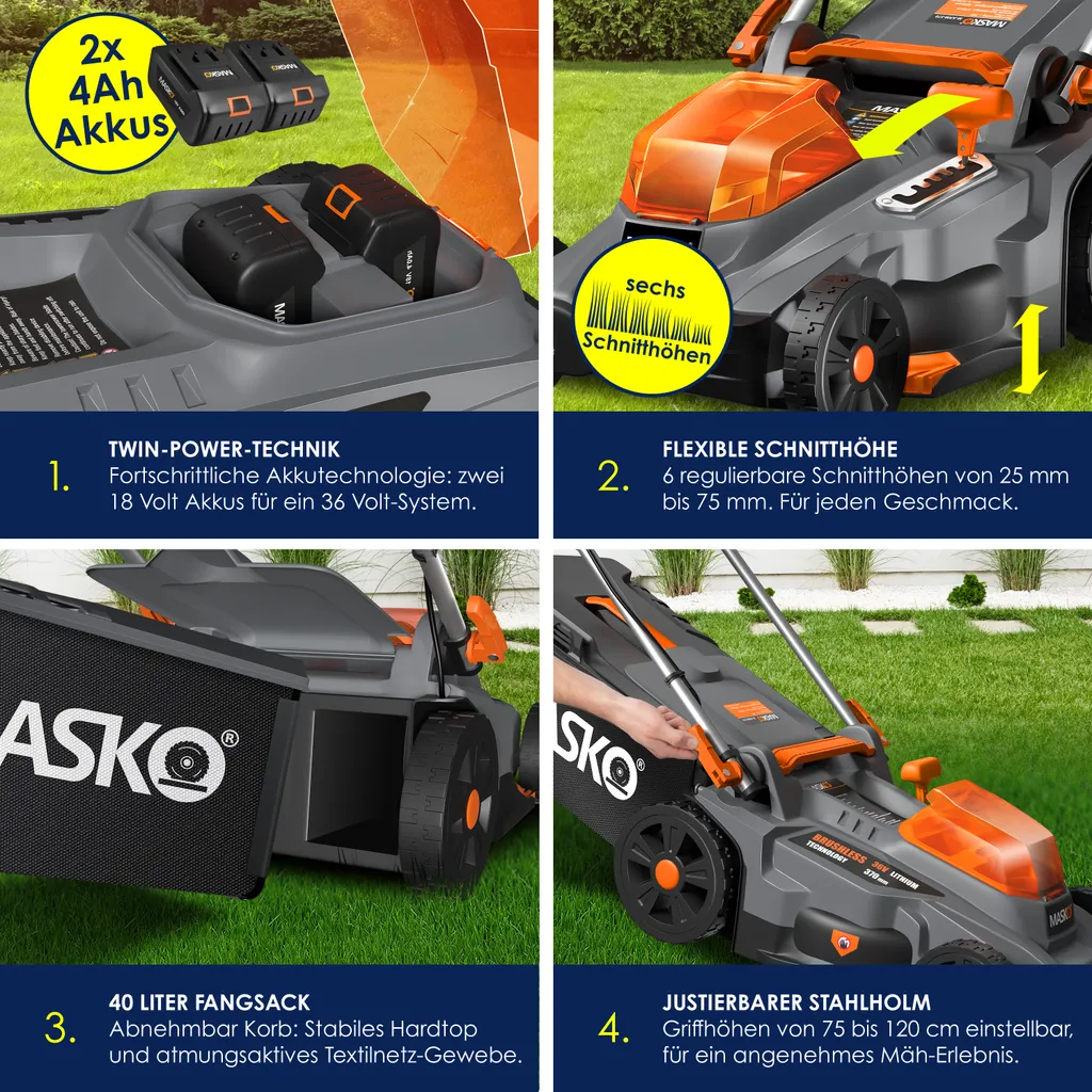 MASKO® Akku Rasenmäher ECO-X10 Inkl. Akkus Li-Ion Batterie 4 Ah & Doppel-Ladegerät – Rasentrimmer Schnittbreite, 25-75mm Schnitthöhenverstellung , Farbe:Schwarz / Orange, Größe:Schnittbreite 37cm 4 MASKO® Akku Rasenmäher ECO-X10 Inkl. Akkus Li-Ion Batterie 4 Ah & Doppel-Ladegerät – Rasentrimmer Schnittbreite, 25-75mm Schnitthöhenverstellung , Farbe:Schwarz / Orange, Größe:Schnittbreite 37cm – Bild 4