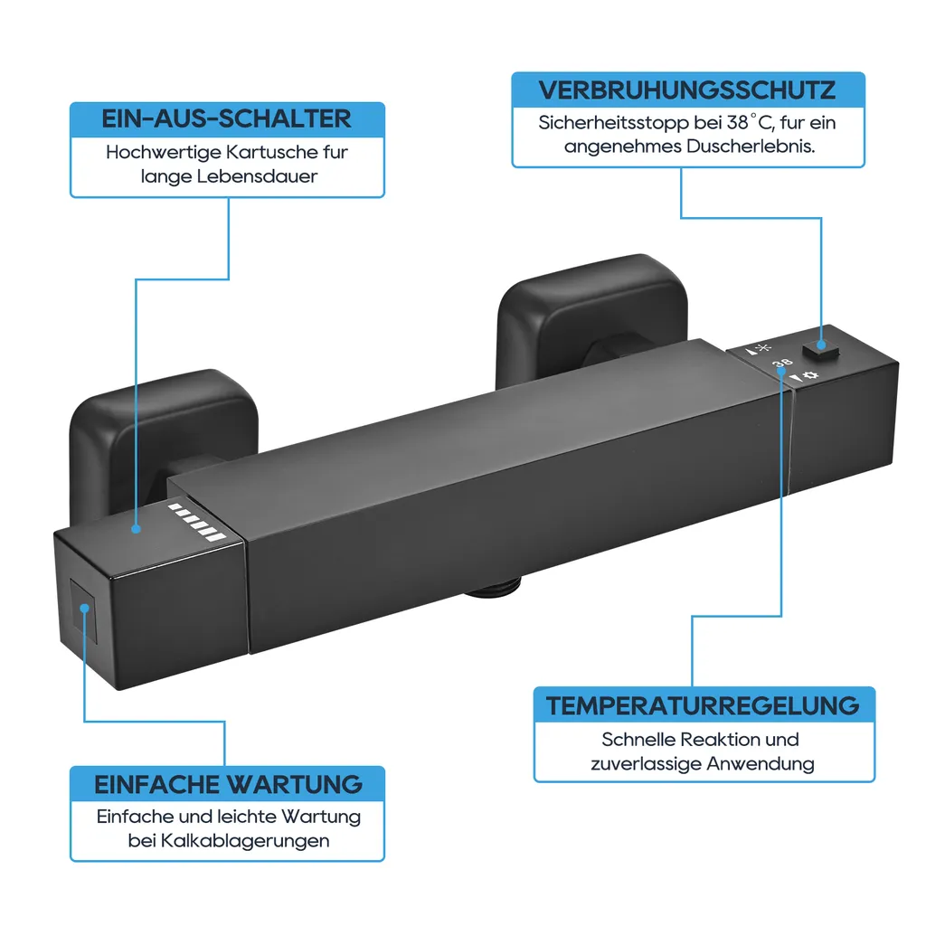 SCHWÄNLEIN® Thermostatbatterie Dusche Set,Brausebatterrerie,Brausemischer (Thermostat Brausebatterie Schwarz Eckig) 2 SCHWÄNLEIN® Thermostatbatterie Dusche Set,Brausebatterrerie,Brausemischer (Thermostat Brausebatterie Schwarz Eckig) – Bild 2