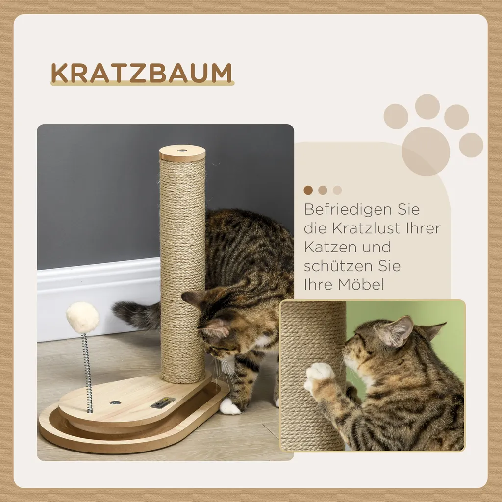 PawHut Kratzstamm Für Katzen, 40 Cm, Kletterbaum Mit Holzkugel-Katzenspielzeug, Drehscheibe Katze Kratzbaum, Katzensäule, Spielbaum, Natur 6 PawHut Kratzstamm Für Katzen, 40 Cm, Kletterbaum Mit Holzkugel-Katzenspielzeug, Drehscheibe Katze Kratzbaum, Katzensäule, Spielbaum, Natur – Bild 6