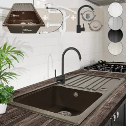 Aquamarin® Granitspüle Mit Siphon Und Armatur - In Braun, 76x46cm, Abtropffläche, Rechteckig, Gesprenkelt, In 5 Farben - Spülbecken, Einbauspüle, Küchenspüle, Einzelbecken, Verbundspüle