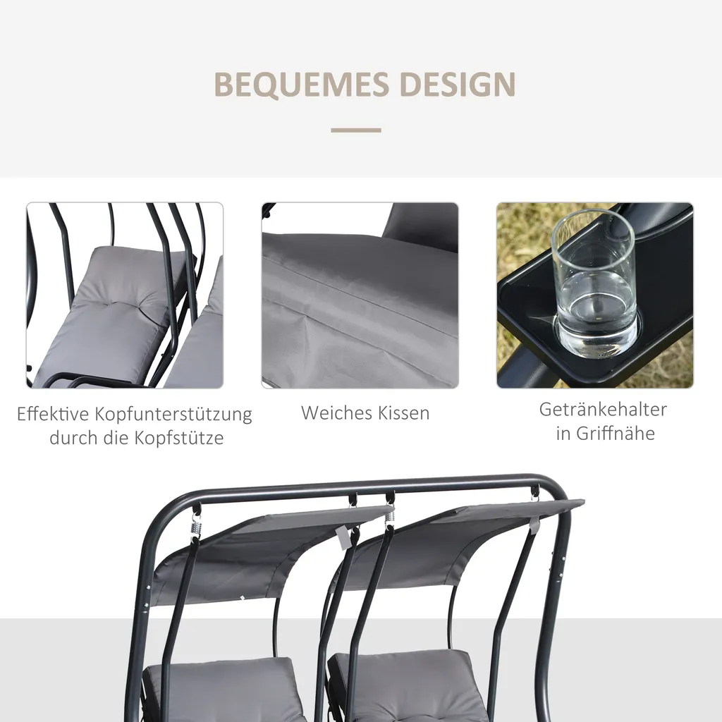 Outsunny 2 Sitzer Hollywoodschaukel Gartenschaukel Mit Sonnendach Gartenstuhl Sitz Mit Sprühbaumwolle Oxfordstoff PE-Beschichtung Stahl Polyester Grau 170 X 136 X 170 Cm(pro Sitz) 4 Outsunny 2 Sitzer Hollywoodschaukel Gartenschaukel Mit Sonnendach Gartenstuhl Sitz Mit Sprühbaumwolle Oxfordstoff PE-Beschichtung Stahl Polyester Grau 170 X 136 X 170 Cm(pro Sitz) – Bild 4