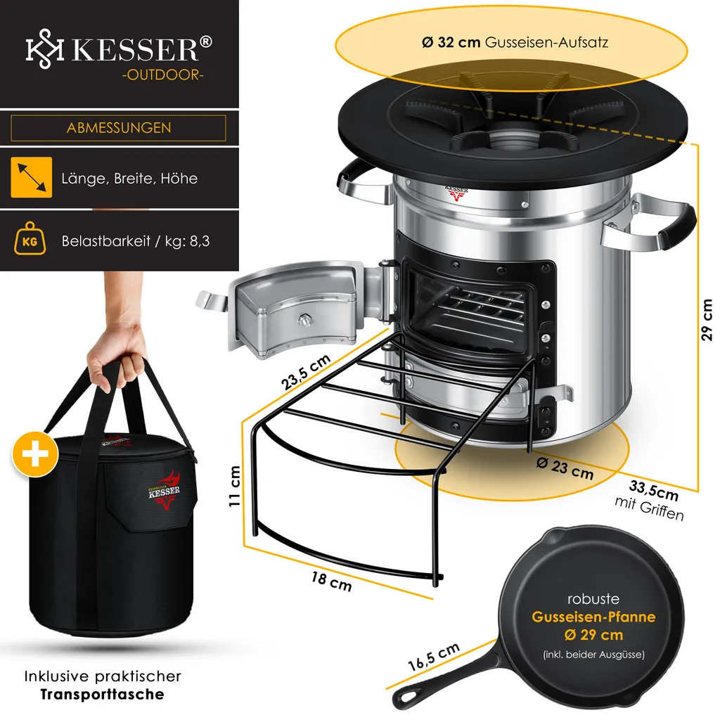 KESSER® Raketenofen Inkl. Grillpfanne Aus Gusseisen Mit Tragetasche Dutch Oven BBQ Rakete Holzofen Camping Campingkocher Campinggrill, Edelstahl, Farbe:Silber 8 KESSER® Raketenofen Inkl. Grillpfanne Aus Gusseisen Mit Tragetasche Dutch Oven BBQ Rakete Holzofen Camping Campingkocher Campinggrill, Edelstahl, Farbe:Silber – Bild 8