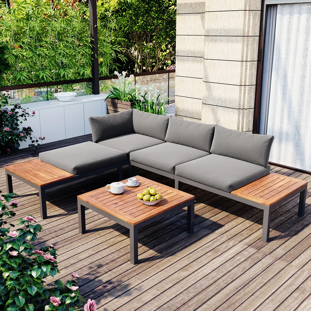 Merax Gartenmöbelset 4-teilig Loungeset Loungegruppe Aus Akazienholz Und Stahlrahmen, Balkonmöbel Set Mit Tisch Und Kissen, 250*172*67cm 1 Merax Gartenmöbelset 4-teilig Loungeset Loungegruppe Aus Akazienholz Und Stahlrahmen, Balkonmöbel Set Mit Tisch Und Kissen, 250*172*67cm