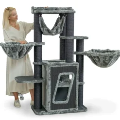HAPPYPET Kratzbaum Stabil Pepper 157 Cm Hoch | Premium Katzenkratzbaum Für Große Katzen | Mit 2 Liegemulden, Hängematte, Doppelstöckige Höhle | 12 Cm Sisalstämme | Inkl. Spielball & Zubehör
