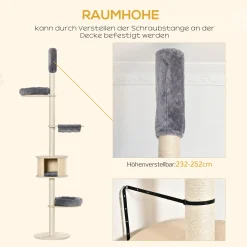 PawHut Kratzbaum Katzenbaum Deckenhoch Kletterbaum Mit Holz Katzenhöhle Sisal Plüsch Höhenverstellbar Grau 50 X 50 X 232-252 Cm -Garten- & Gewächshäuser Geschäft 3924d27db32f19c1795fb91bc3b55476