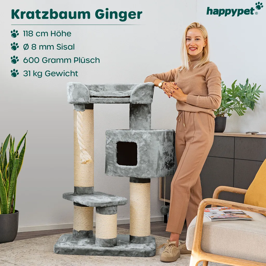 HAPPYPET Massiver PREMIUM Kratzbaum Stabil Für Schwere Katzen Maine Coon | 15 Cm Dicke Sisalstämme | 600g Plüsch | Exklusives Design | Spiel-Tau | Höhe 118 Cm | GRAU 2 HAPPYPET Massiver PREMIUM Kratzbaum Stabil Für Schwere Katzen Maine Coon | 15 Cm Dicke Sisalstämme | 600g Plüsch | Exklusives Design | Spiel-Tau | Höhe 118 Cm | GRAU – Bild 2