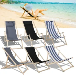 Wolketon Liegestuhl Strandliege Holz Campingstuhl Klappbar Liege 120kg Klappliege Grau