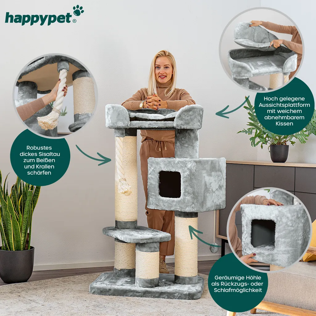 HAPPYPET Massiver PREMIUM Kratzbaum Stabil Für Schwere Katzen Maine Coon | 15 Cm Dicke Sisalstämme | 600g Plüsch | Exklusives Design | Spiel-Tau | Höhe 118 Cm | GRAU 3 HAPPYPET Massiver PREMIUM Kratzbaum Stabil Für Schwere Katzen Maine Coon | 15 Cm Dicke Sisalstämme | 600g Plüsch | Exklusives Design | Spiel-Tau | Höhe 118 Cm | GRAU – Bild 3