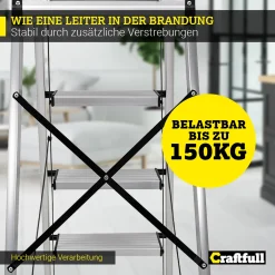 Craftfull Stehleiter CF-134A Klappleiter 5 Stufen Silber, Gummierte Standfüße, Alu Leiter Aluminiumleiter Aluleiter Mehrzweckleiter Multifunktionsleiter Haushaltsleiter Leiter -Garten- & Gewächshäuser Geschäft 3a03225188ccb9ccbdae5014e3372ece