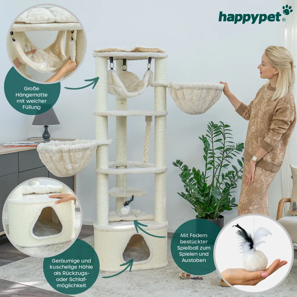 HAPPYPET Großer Kratzbaum Charlie 160 Cm Hoch | Premium Markenqualität | Katzenbaum Stabil Mit Hängematte Für Große Katzen | 9 Cm Sisalstämme | 8 Ebenen Für Hohen Komfort Mit Spielaktivitäten | E1 3 HAPPYPET Großer Kratzbaum Charlie 160 Cm Hoch | Premium Markenqualität | Katzenbaum Stabil Mit Hängematte Für Große Katzen | 9 Cm Sisalstämme | 8 Ebenen Für Hohen Komfort Mit Spielaktivitäten | E1 – Bild 3