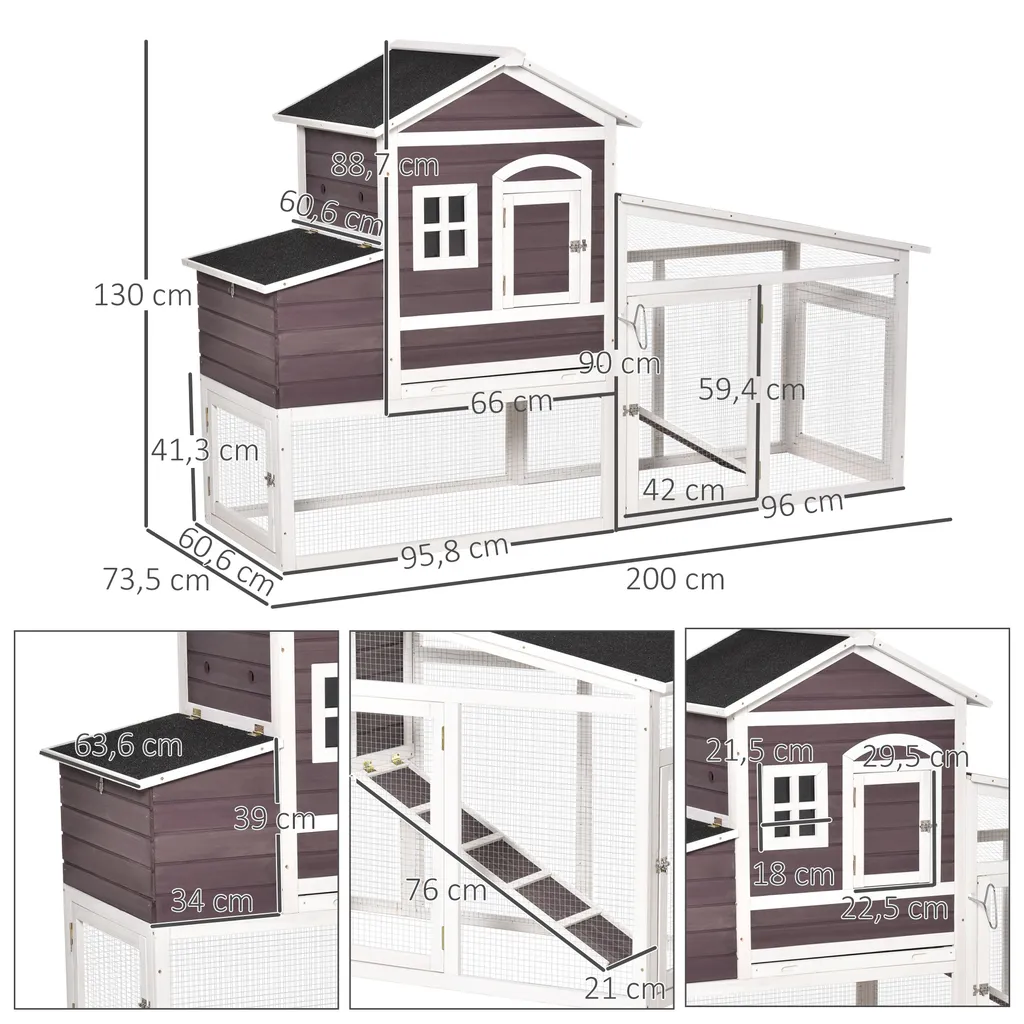 PawHut Zwerghühnerstall Mit Auslauf Nistkasten Zwerghühnerhaus Mit Stange Massivholz Dunkelrot 200 X 73,5 X 130 Cm 3 PawHut Zwerghühnerstall Mit Auslauf Nistkasten Zwerghühnerhaus Mit Stange Massivholz Dunkelrot 200 X 73,5 X 130 Cm – Bild 3